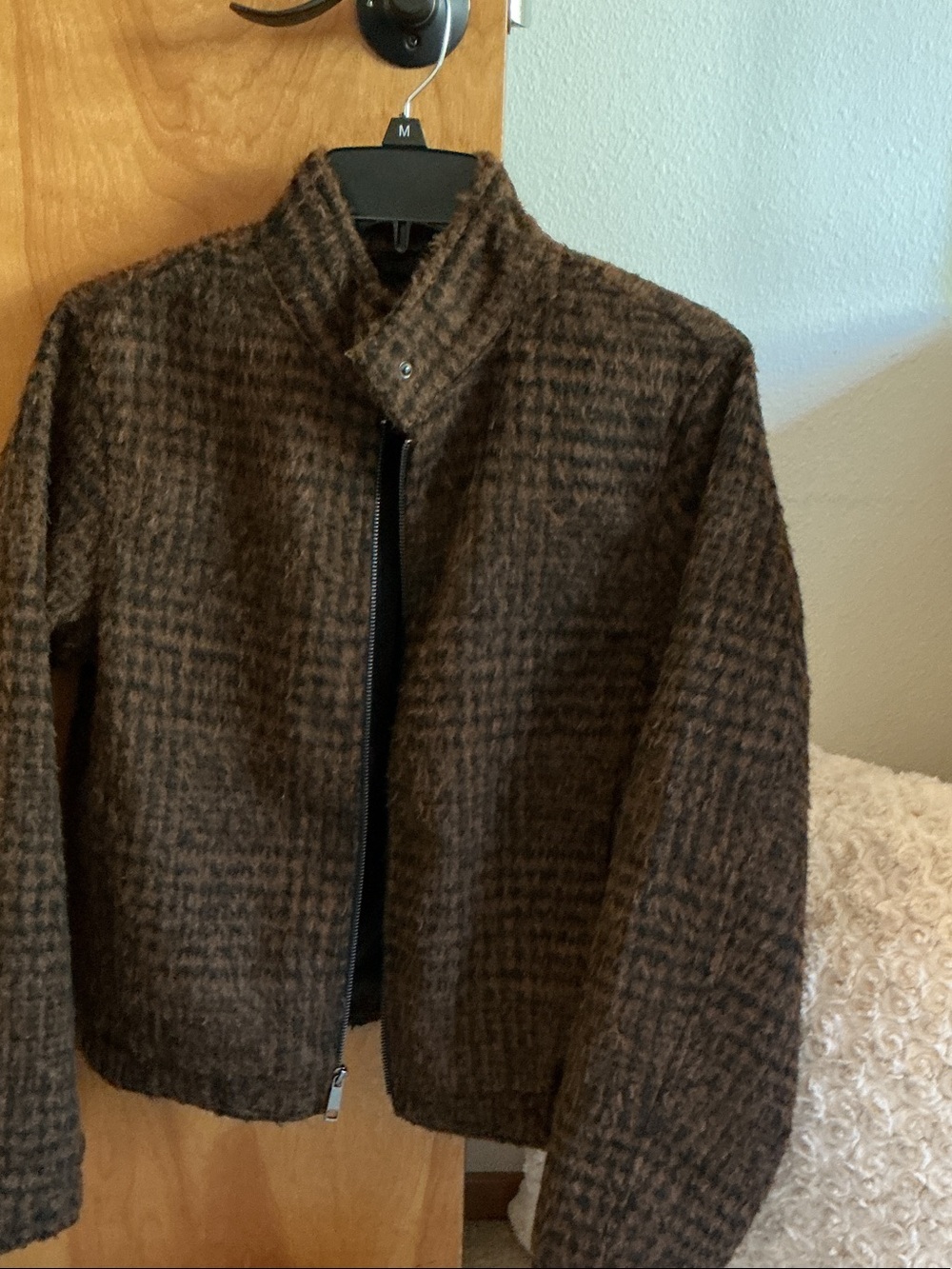 Time and Tru Brown and Black Houndstooth Coat with Pink Trim